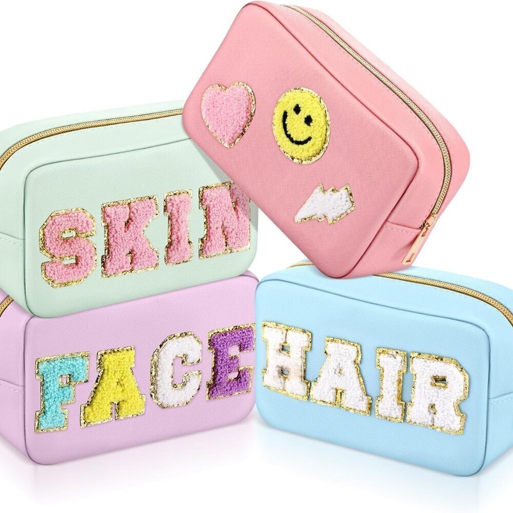 4 Pcs Hair Face Skin Travel Bag Set Preppy Makeup Pouch PU Leather Skincare Bag